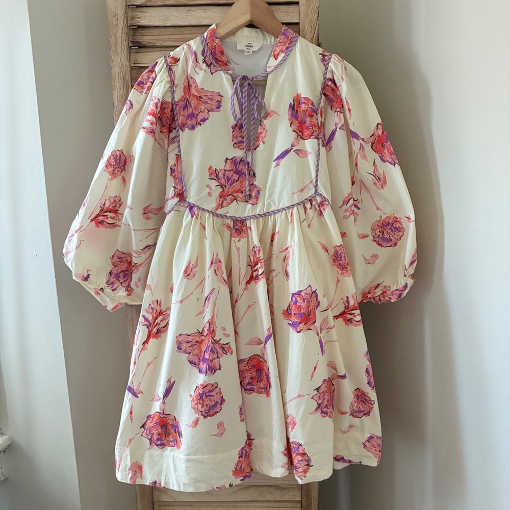 Entro Floral Puff Sleeve Babydoll Mini Dress Cream Pink Boho Cottagecore M
